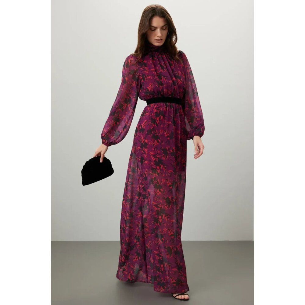 LDT Brooke Maxi Dress – Purple Red Floral Pattern, Short Sleeve, Size 2